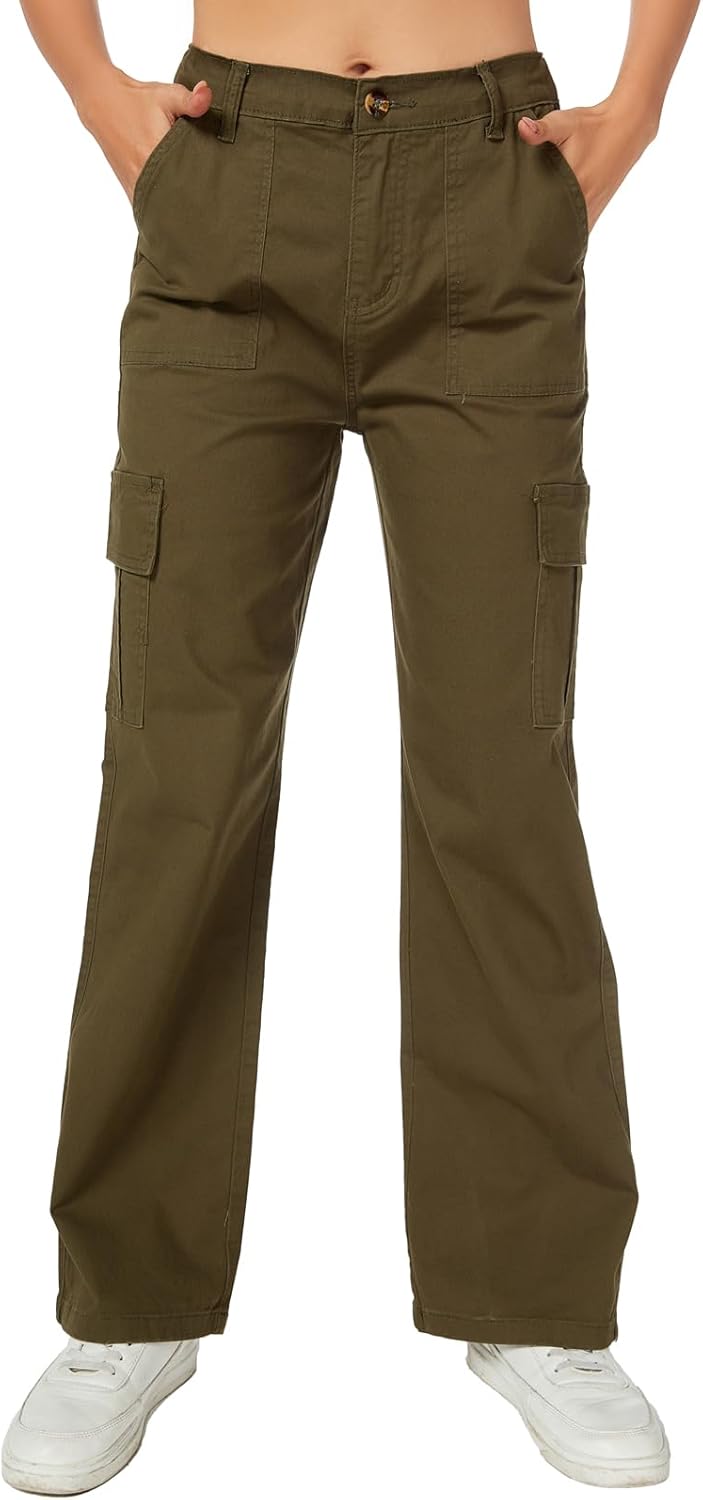 Women's High Waist Stretchy Cotton Pants Wide Leg Hiking Tactical Trousers with 6 Pockets