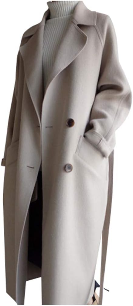 Women's Trench Coat Oversize Lapel Cashmere Wool Blend Belt Coat Outwear Jackets Winter, S-XL