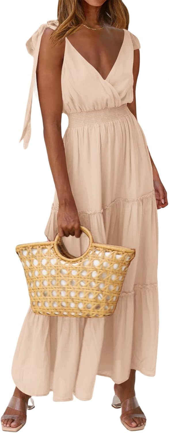 Women's Cross Neck Summer Sleeveless Tiered Maxi Dress Beach Tie Strap Smocked Long Dresses Pleated Sundress