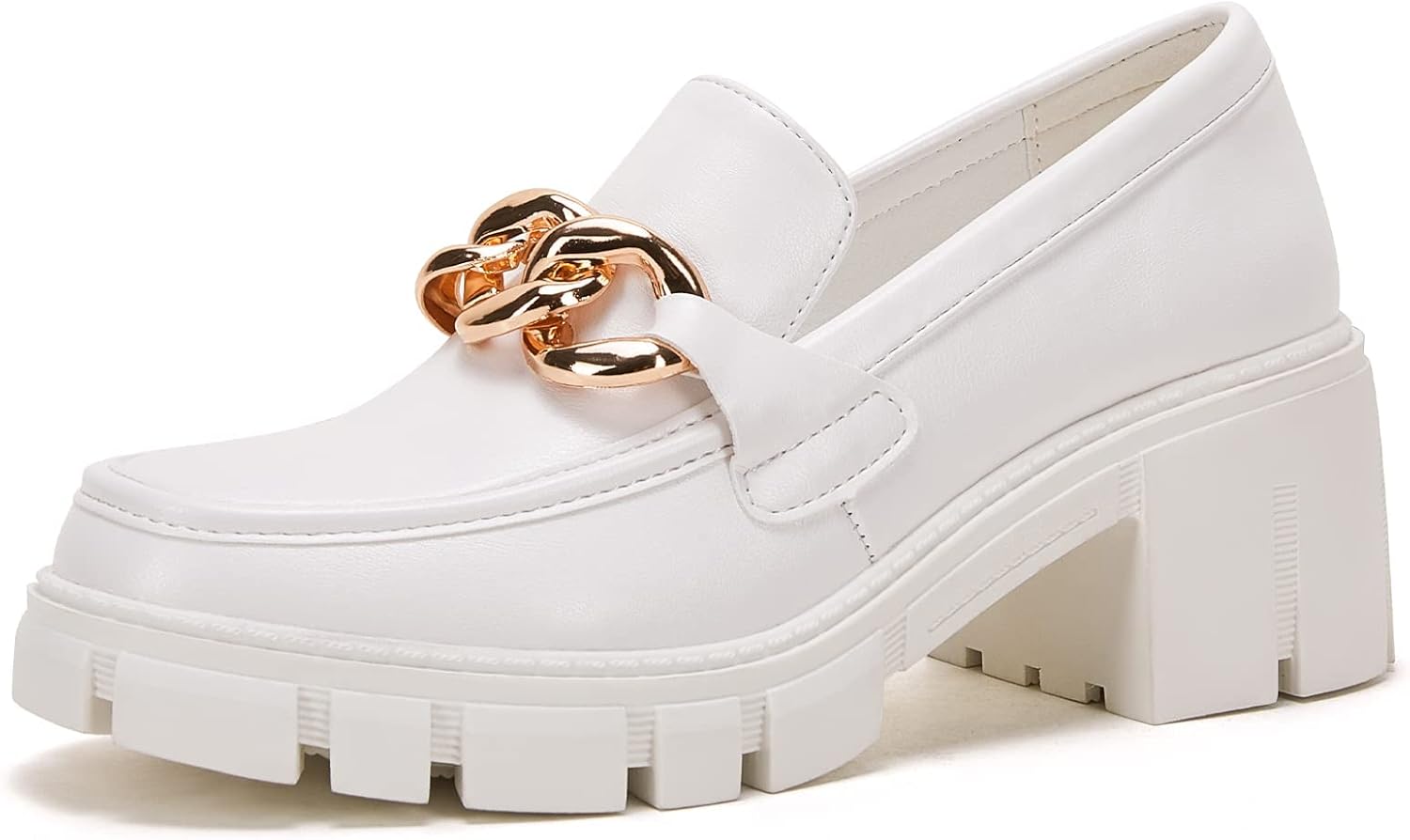 Platform Loafers for Women with Chain Comfort Chunky Heel Slip On Round Toe Business Work Shoes