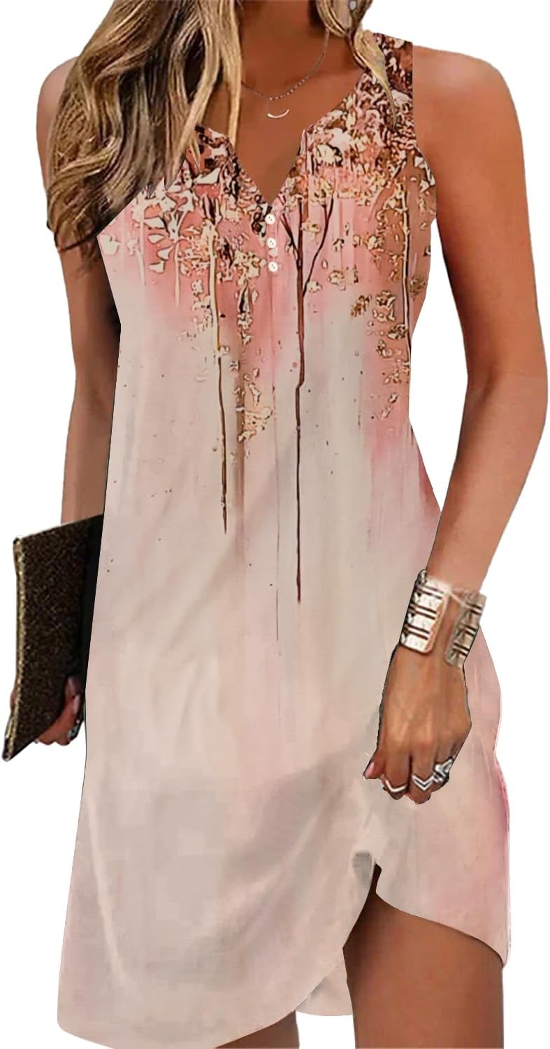 V-Neck Floral Printed Summer A-Line Elegant Dresses Women's Vintage Sleeveless Beach Sundress Ladies Casual Loose Boho Dress