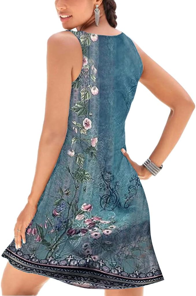 V-Neck Floral Printed Summer A-Line Elegant Dresses Women's Vintage Sleeveless Beach Sundress Ladies Casual Loose Boho Dress - Image 2