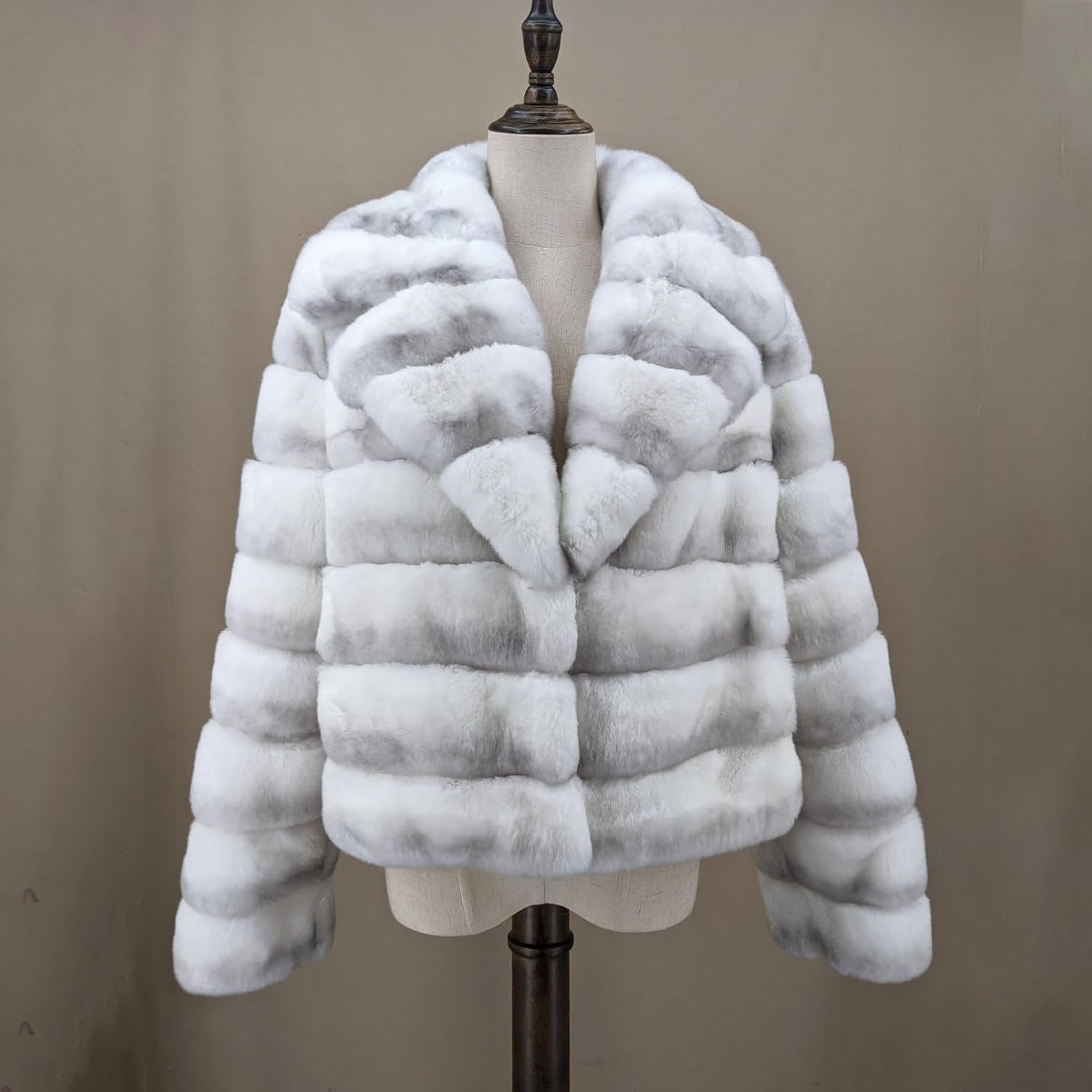 Natural Rex Rabbit Fur Coat Chinchilla Color Stripe Jacket with Collar Furry Warm - Image 2