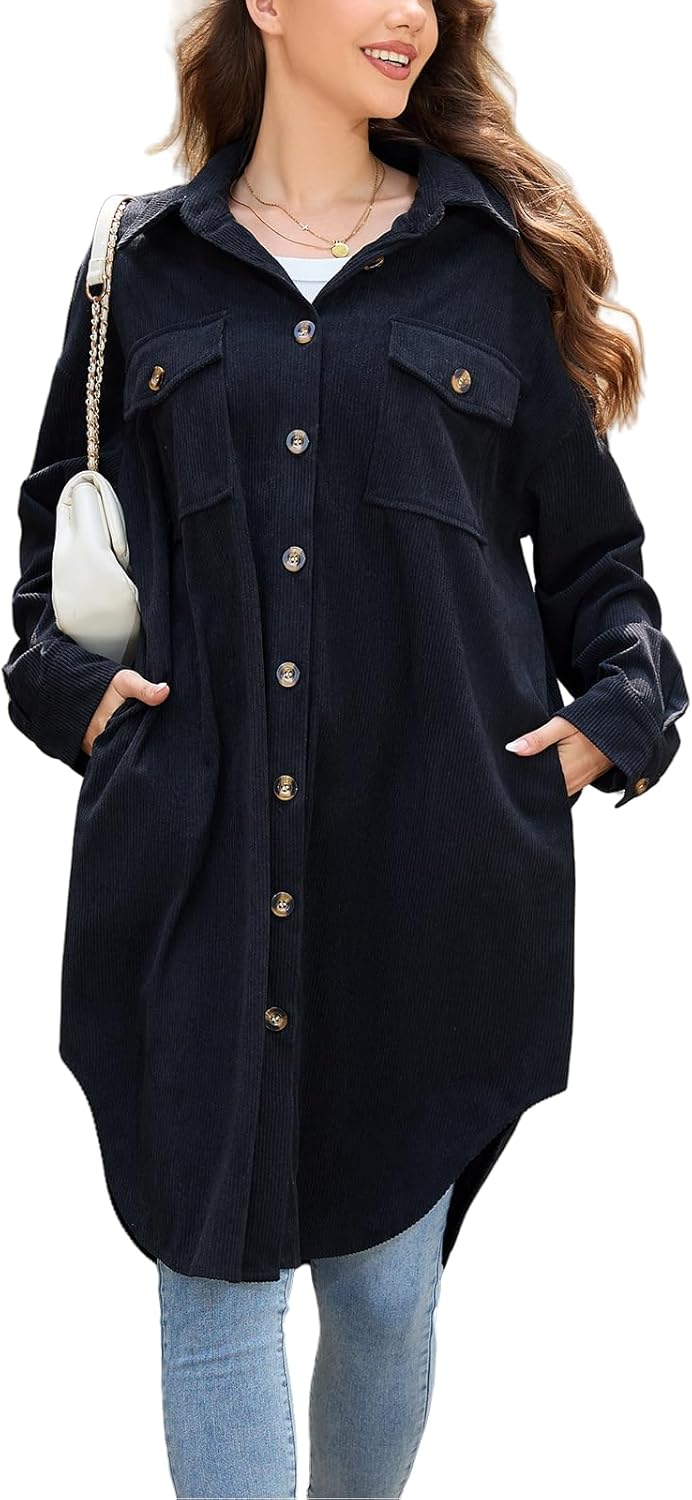 Women's Long Plaid Flannel Jacket Plus Size Button Down Lapel Shirt Long Sleeve Casual Loose Trench Coats