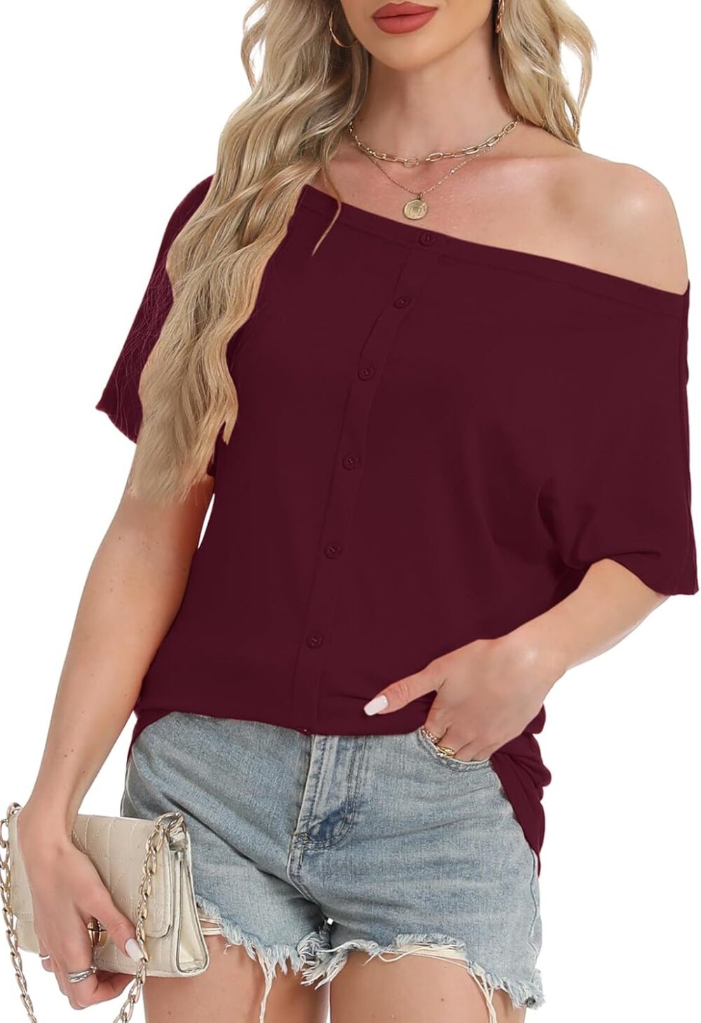 Women Off Shoulder Button Down Tops Summer Trendy Short Sleeve Loose Batwing Shirts d Blouse Tunic