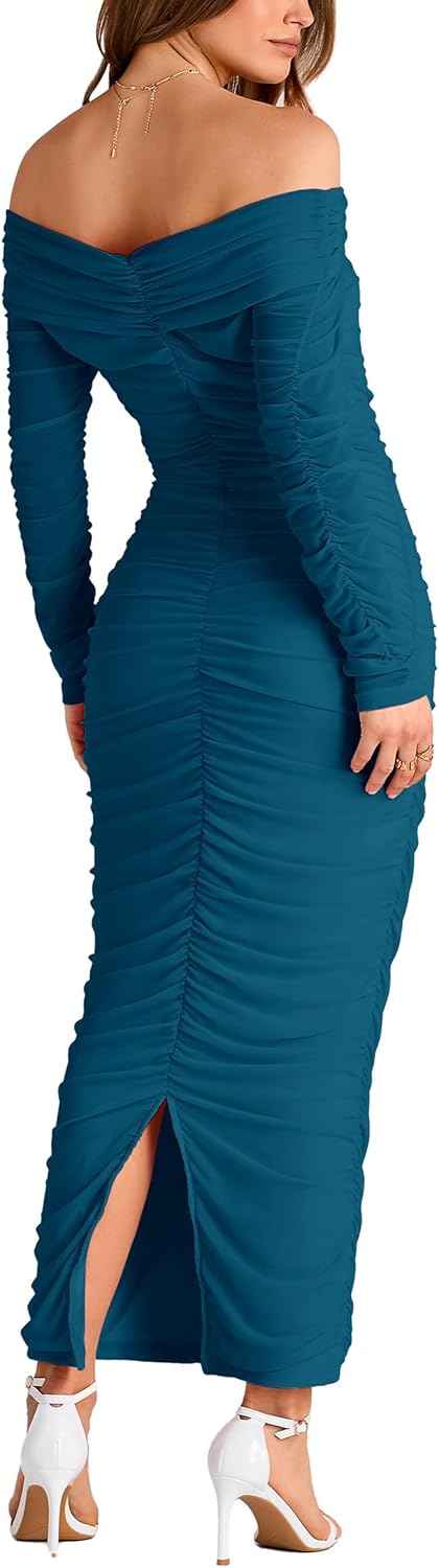 Women's Fall Off Shoulder Maxi Bodycon Dress Long Ruched Fitted Club Dresses with Slit - Image 2