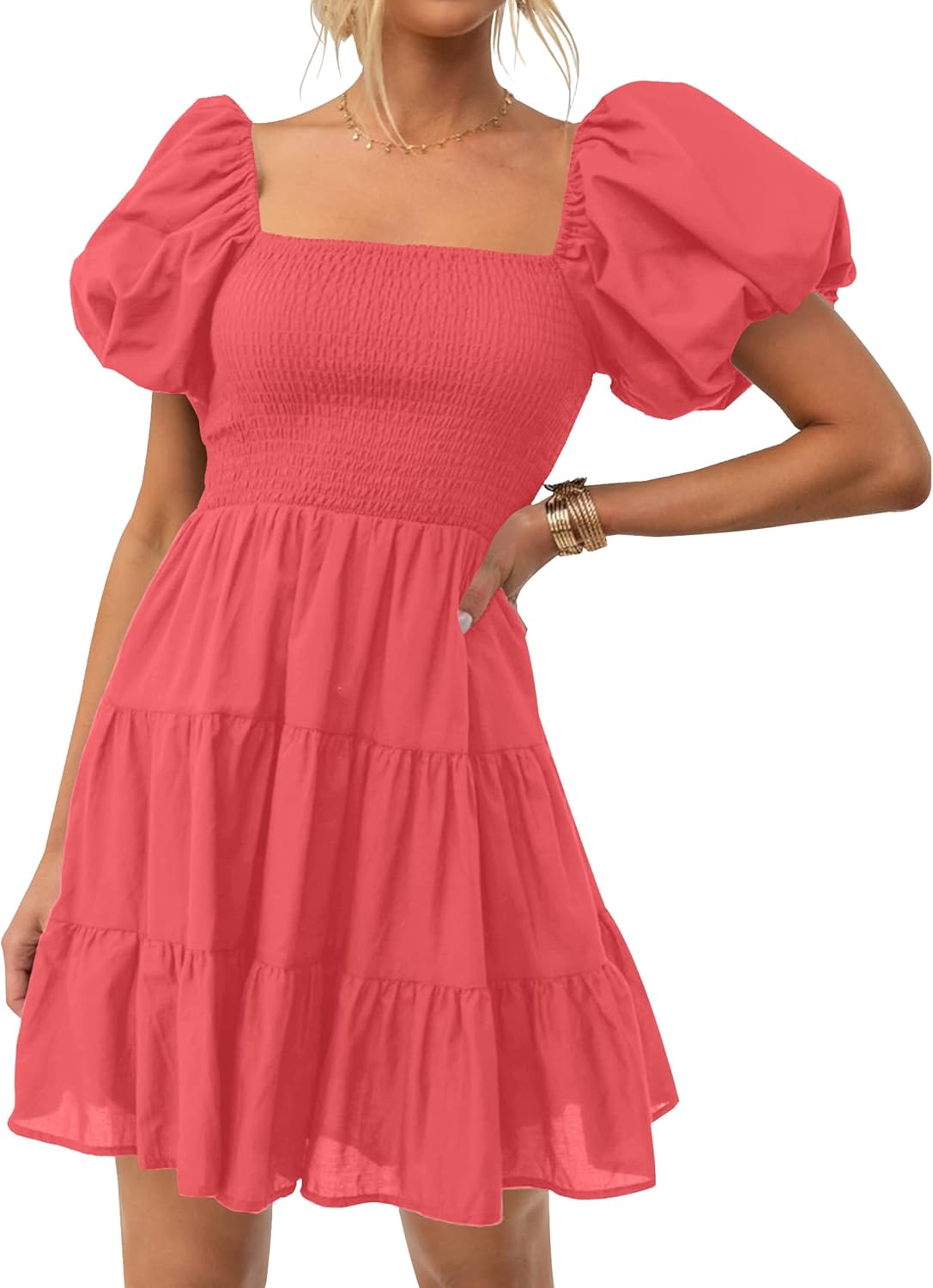 Women's 2024 Boho Summer Square Neck Puff Sleeve Off Shoulder Smocked Tiered Casual A Line Short Mini Dress
