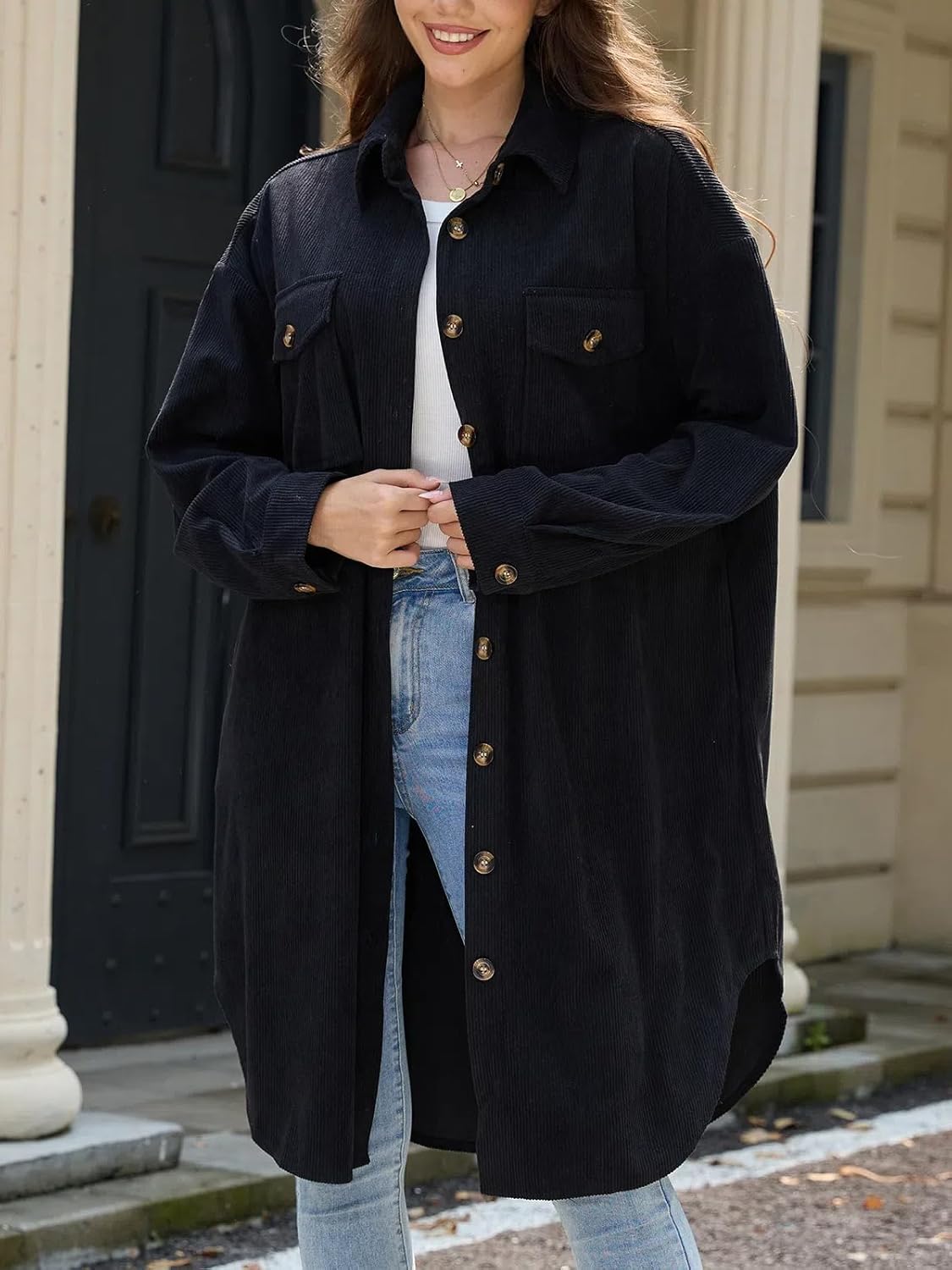 Women's Long Plaid Flannel Jacket Plus Size Button Down Lapel Shirt Long Sleeve Casual Loose Trench Coats - Image 2