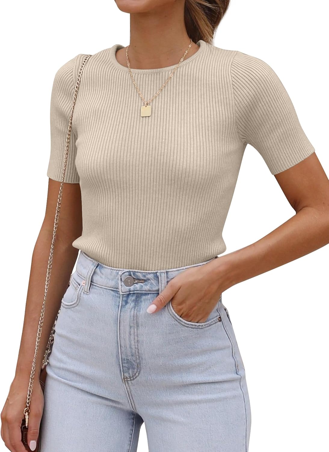 Women's Tops Short Sleeve Trendy Ribbed Knit Basic Tshirts