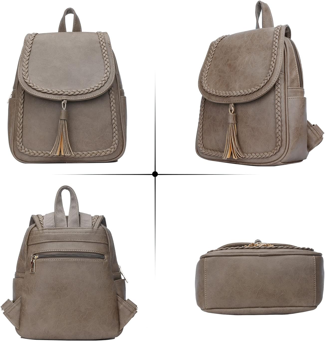Fashion Small Synthetic Leather Backpack Purse For Women and Ladies with Tassel (Khaki) - Image 2