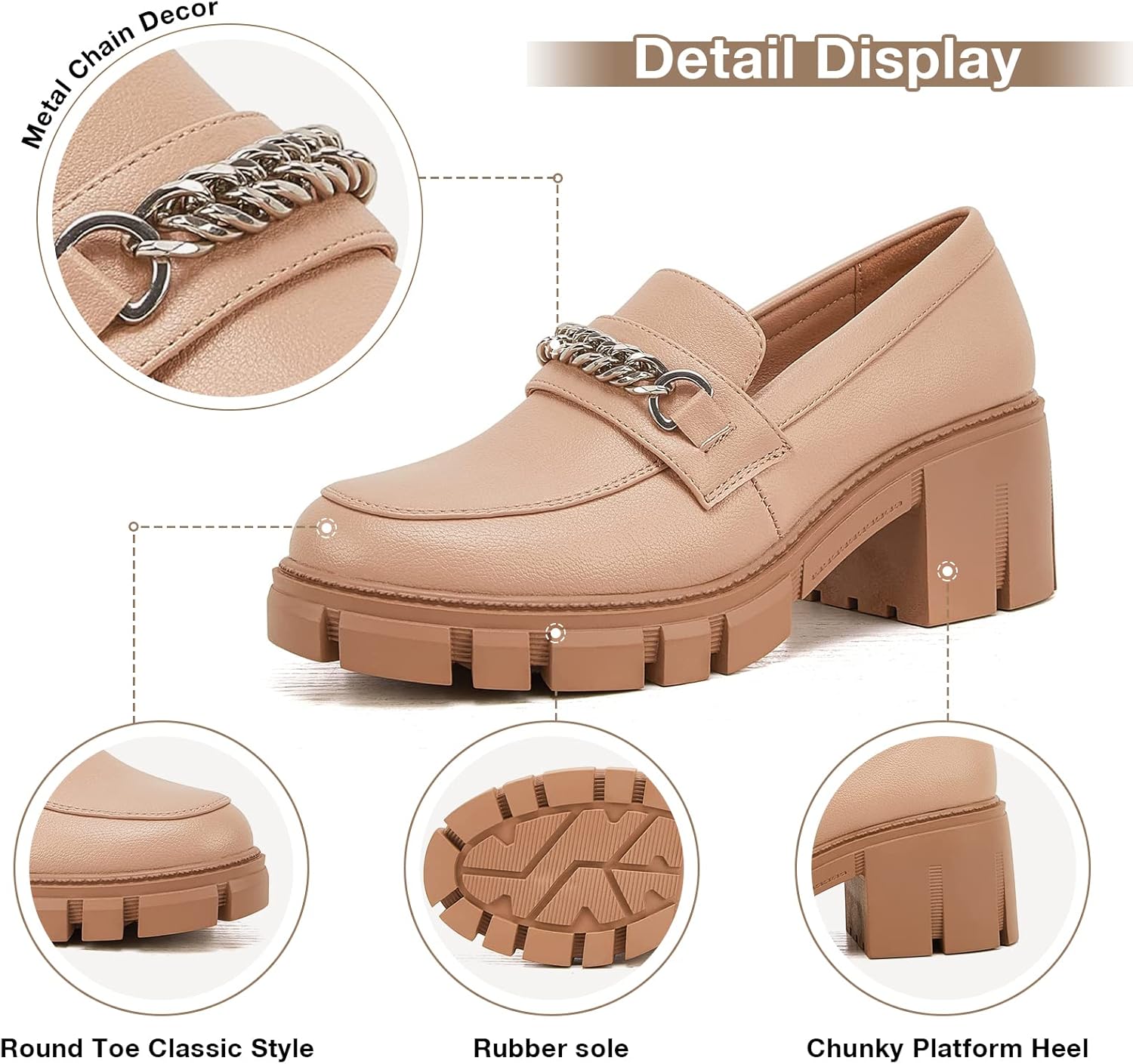Platform Loafers for Women with Chain Comfort Chunky Heel Slip On Round Toe Business Work Shoes - Image 2