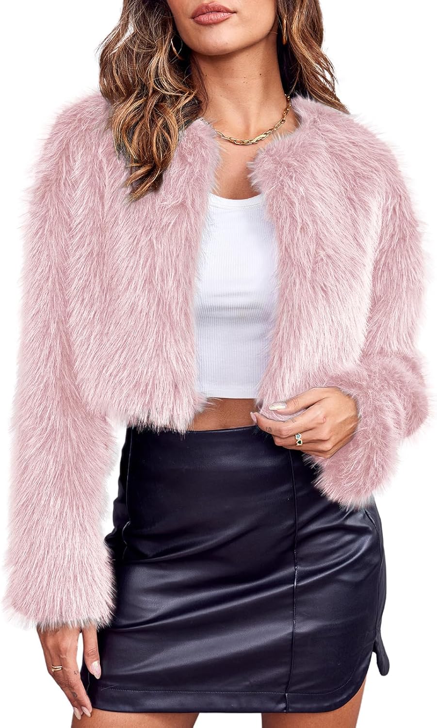 Women Fashion Cropped Faux Fur Jacket Long Sleeve Open Front Cardigan Casual Fluffy Parka Shaggy Short Coat