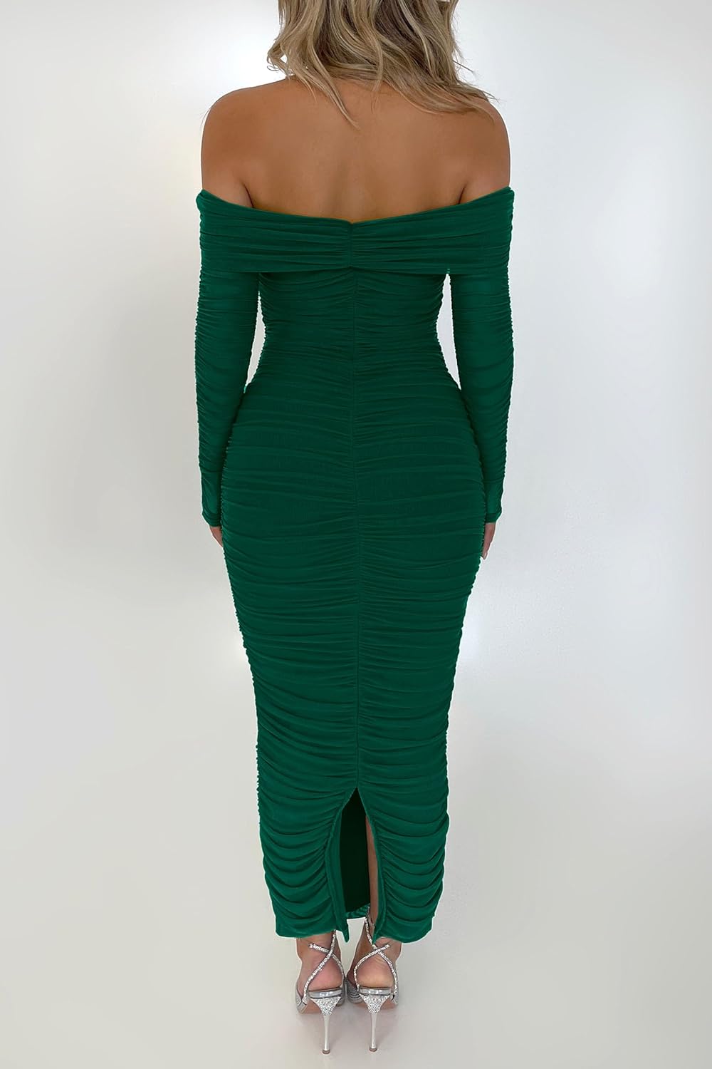 Women's Fall Off Shoulder Maxi Bodycon Dress Long Ruched Fitted Club Dresses with Slit - Image 2