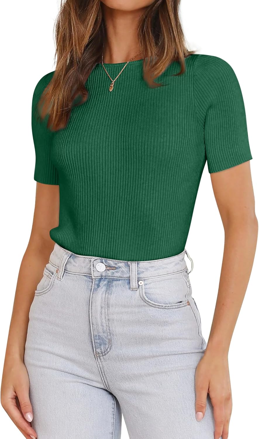 Women's Tops Short Sleeve Trendy Ribbed Knit Basic Tshirts - Image 2