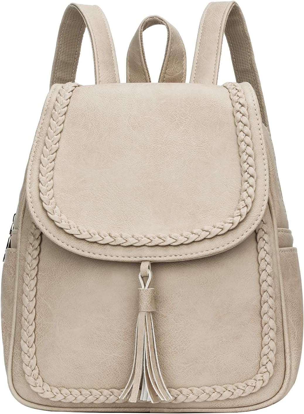 Fashion Small Synthetic Leather Backpack Purse For Women and Ladies with Tassel (beige)