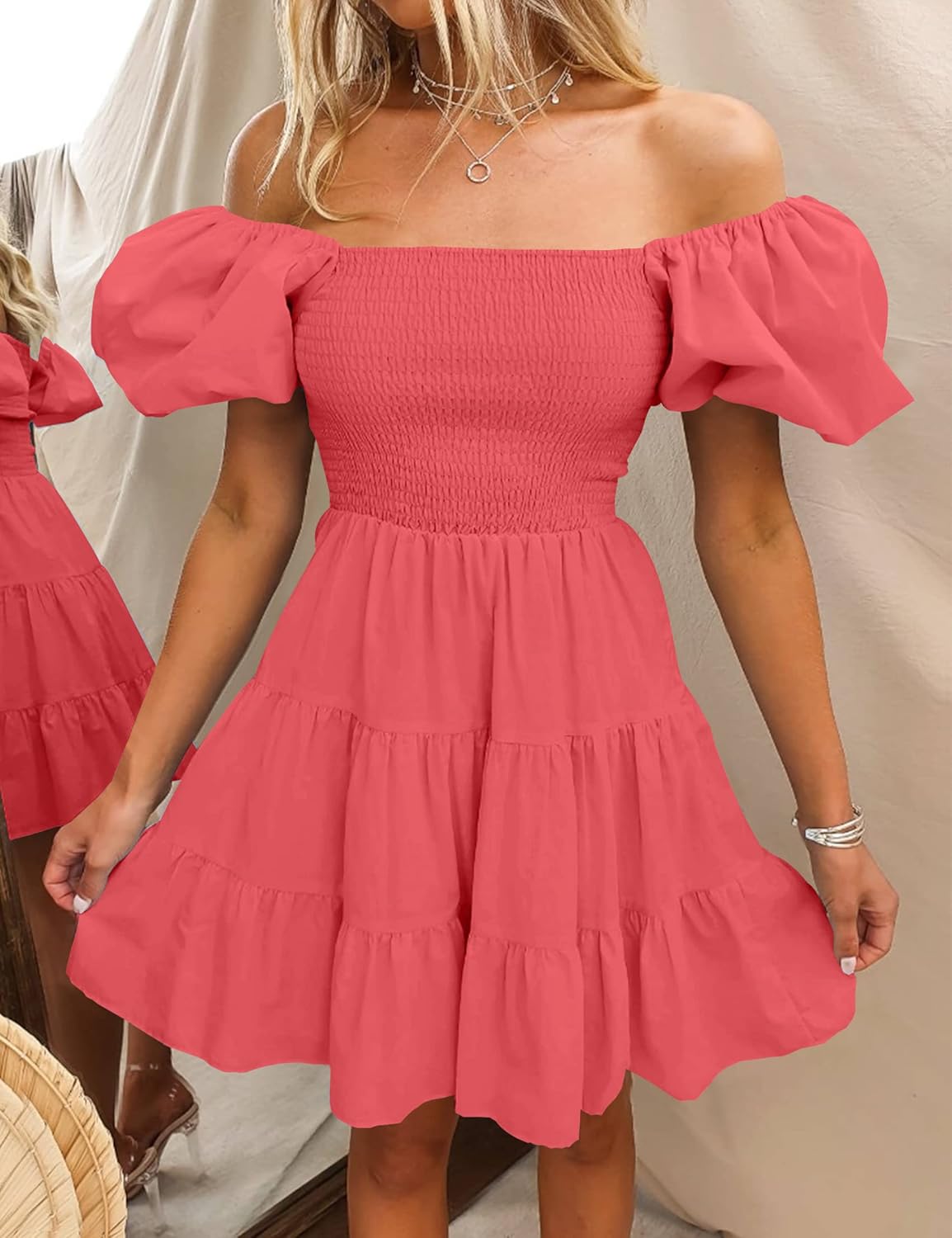 Women's 2024 Boho Summer Square Neck Puff Sleeve Off Shoulder Smocked Tiered Casual A Line Short Mini Dress - Image 2