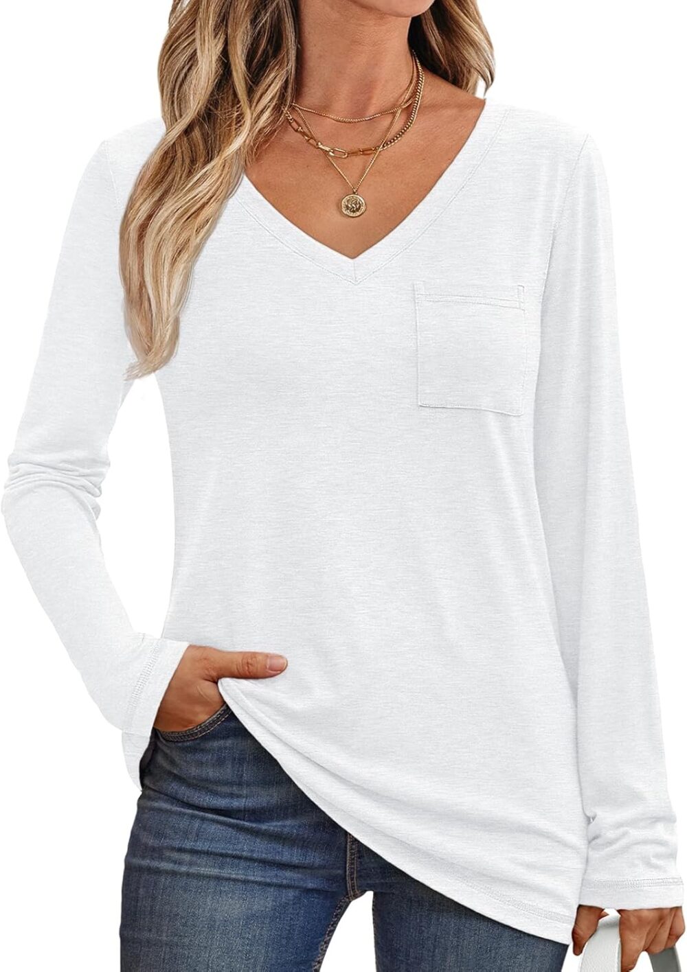 Women's Long Sleeve Shirts V Neck Casual Tops with Pockets Loose Dressy Basic Fall Outfits Clothes Winter Trendy 2024