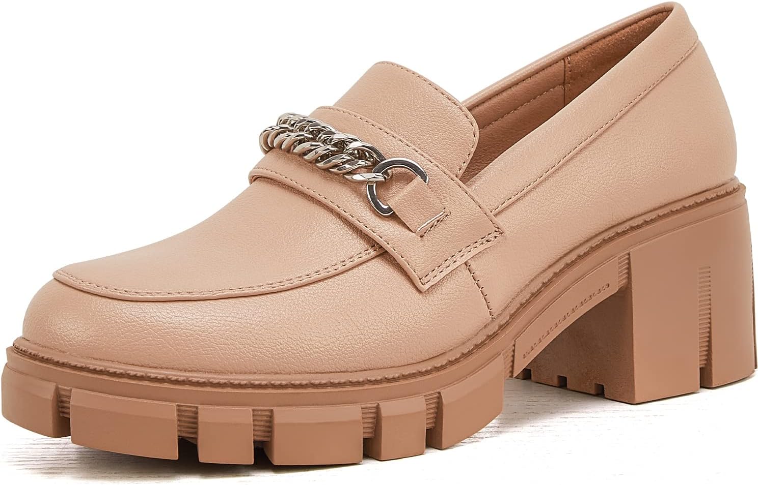 Platform Loafers for Women with Chain Comfort Chunky Heel Slip On Round Toe Business Work Shoes