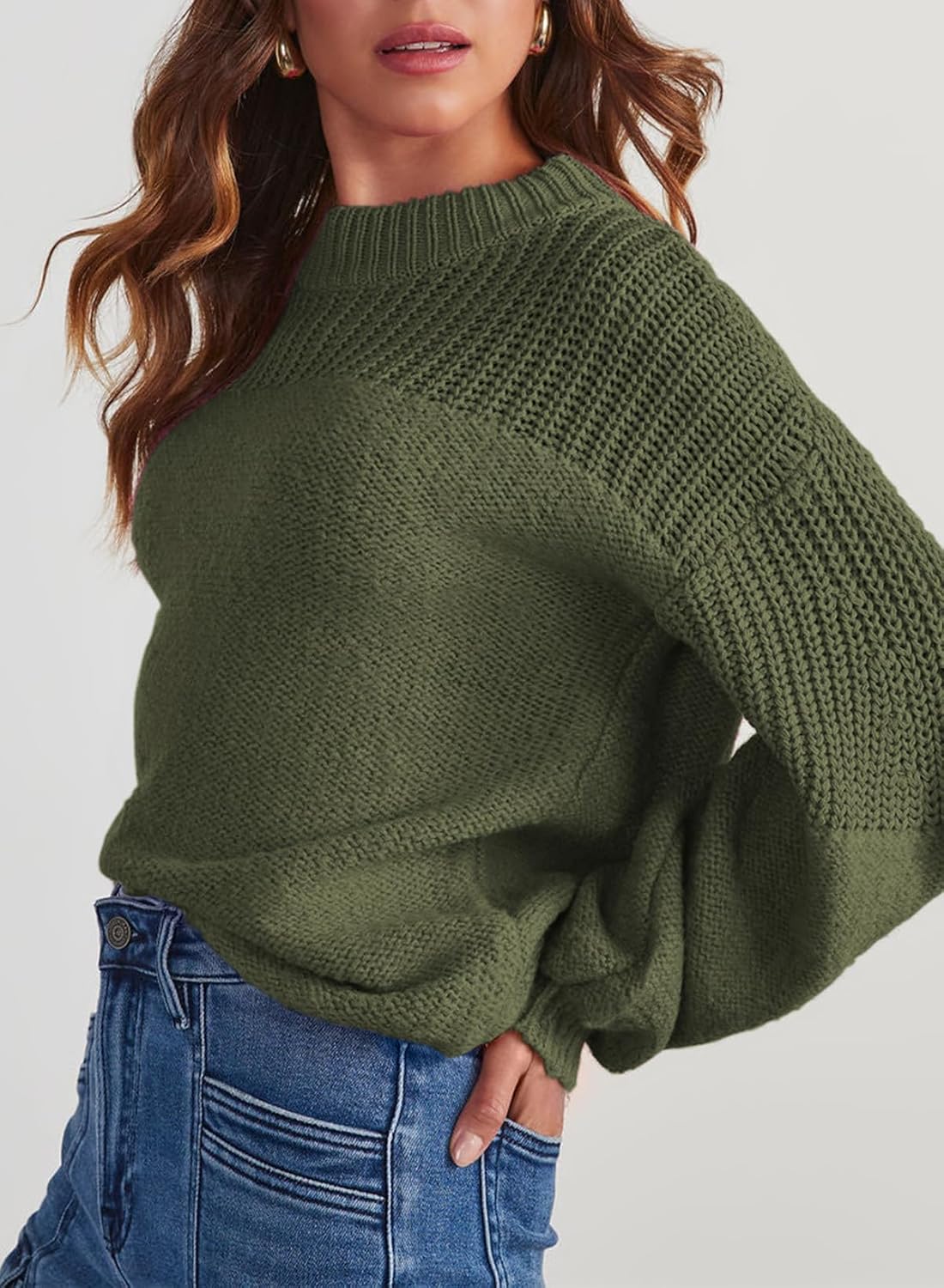 Women's Casual Long Sleeve Sweaters Loose Crewneck Knit Solid Pullover Sweater Jumper Tops - Image 2