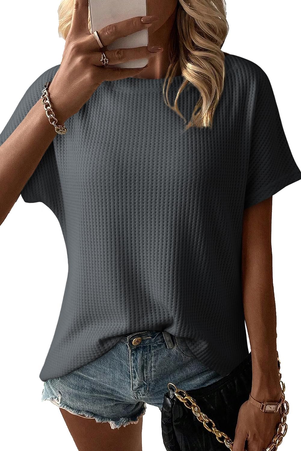 Women's Casual Boat Neck Short Sleeve Waffle Knit Shirts Loose Summer Tunic Tops Blouses