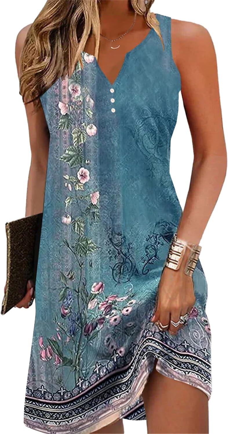 V-Neck Floral Printed Summer A-Line Elegant Dresses Women's Vintage Sleeveless Beach Sundress Ladies Casual Loose Boho Dress