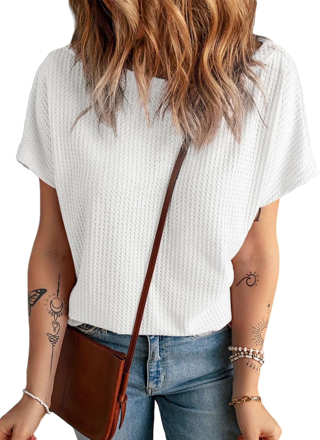 Women's Casual Boat Neck Short Sleeve Waffle Knit Shirts Loose Summer Tunic Tops Blouses - Image 2