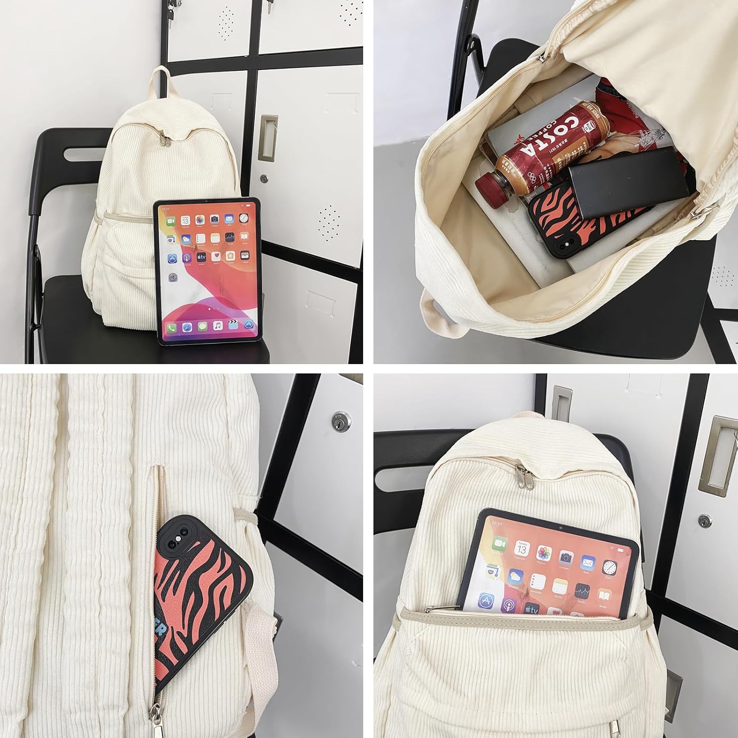 Aesthetic Backpack Cute Backpack Corduroy Backpack School Supplies Laptop Bag for Teens Girls Women Students Solid Color(Brown) - Image 2