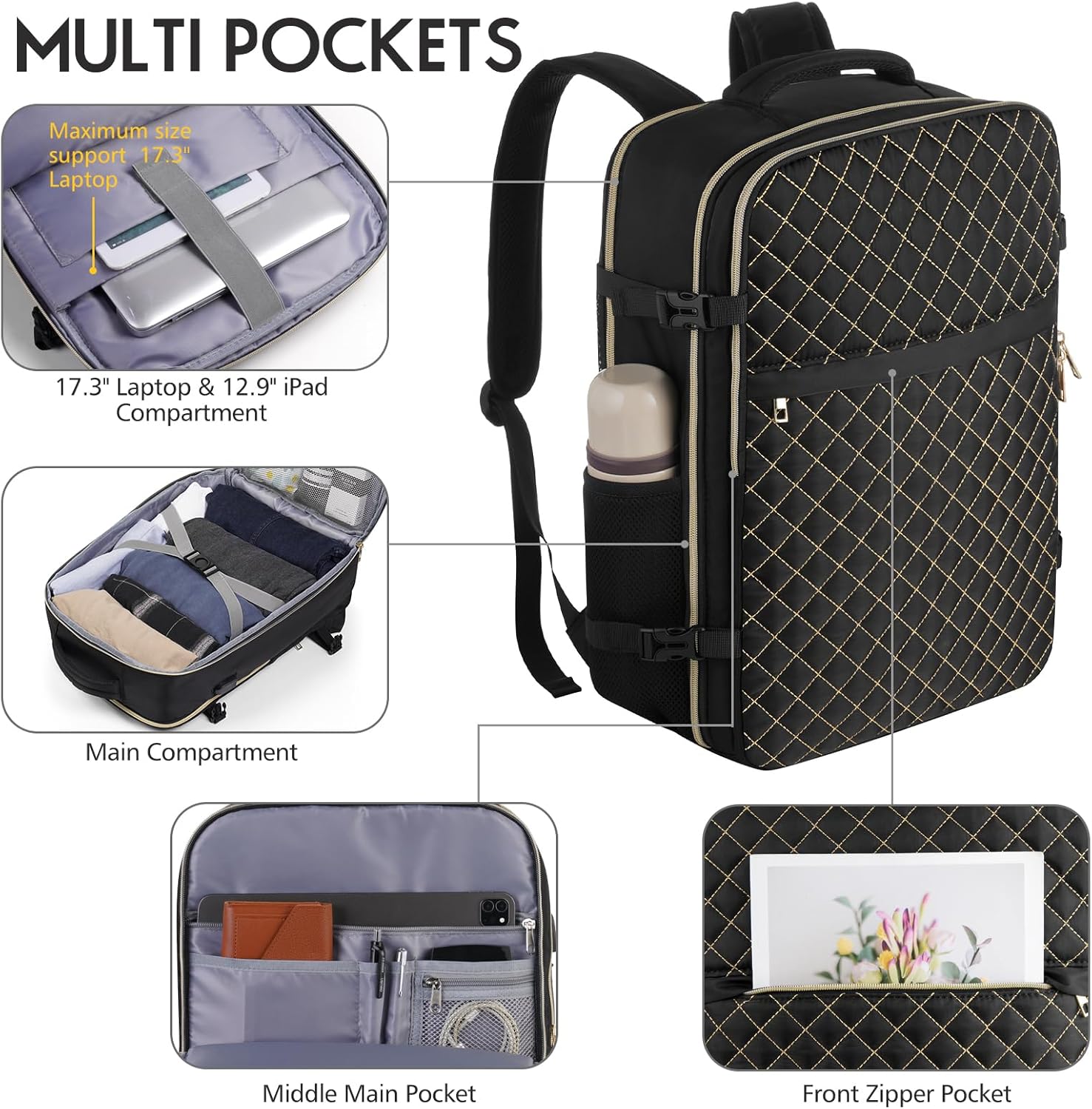 Carry On Backpack for Women, Flight Approved Large Travel Laptop Backpack with USB Charge Port, 17 Inch Water Resistant Luggage Travel Bag for Weekender Business, Black - Gold Rhombus - Image 2