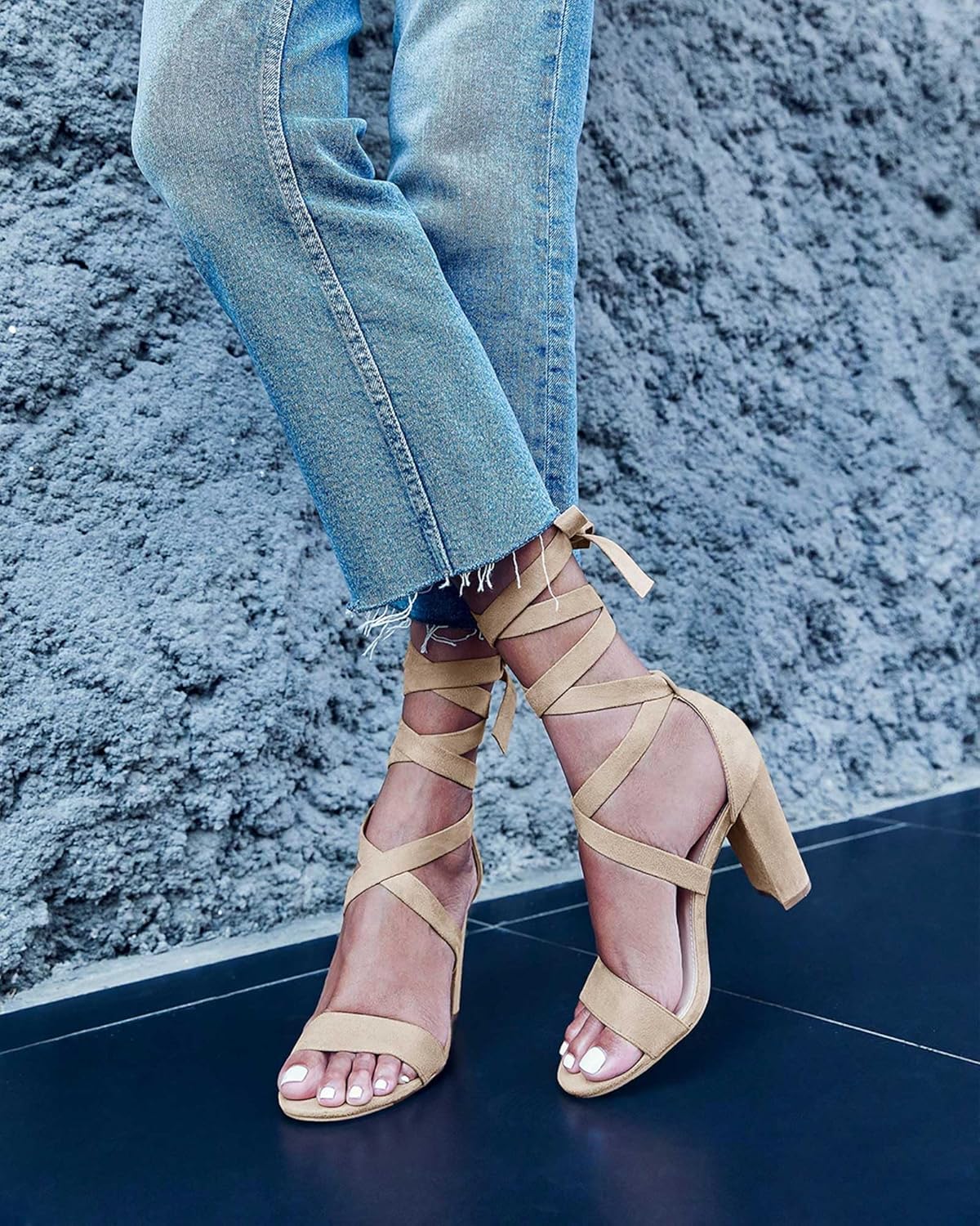 Women's Strappy Heels Lace up High Heeled Sandals Chunky Block Ankle Tie Pumps Dress Party Shoes - Image 2