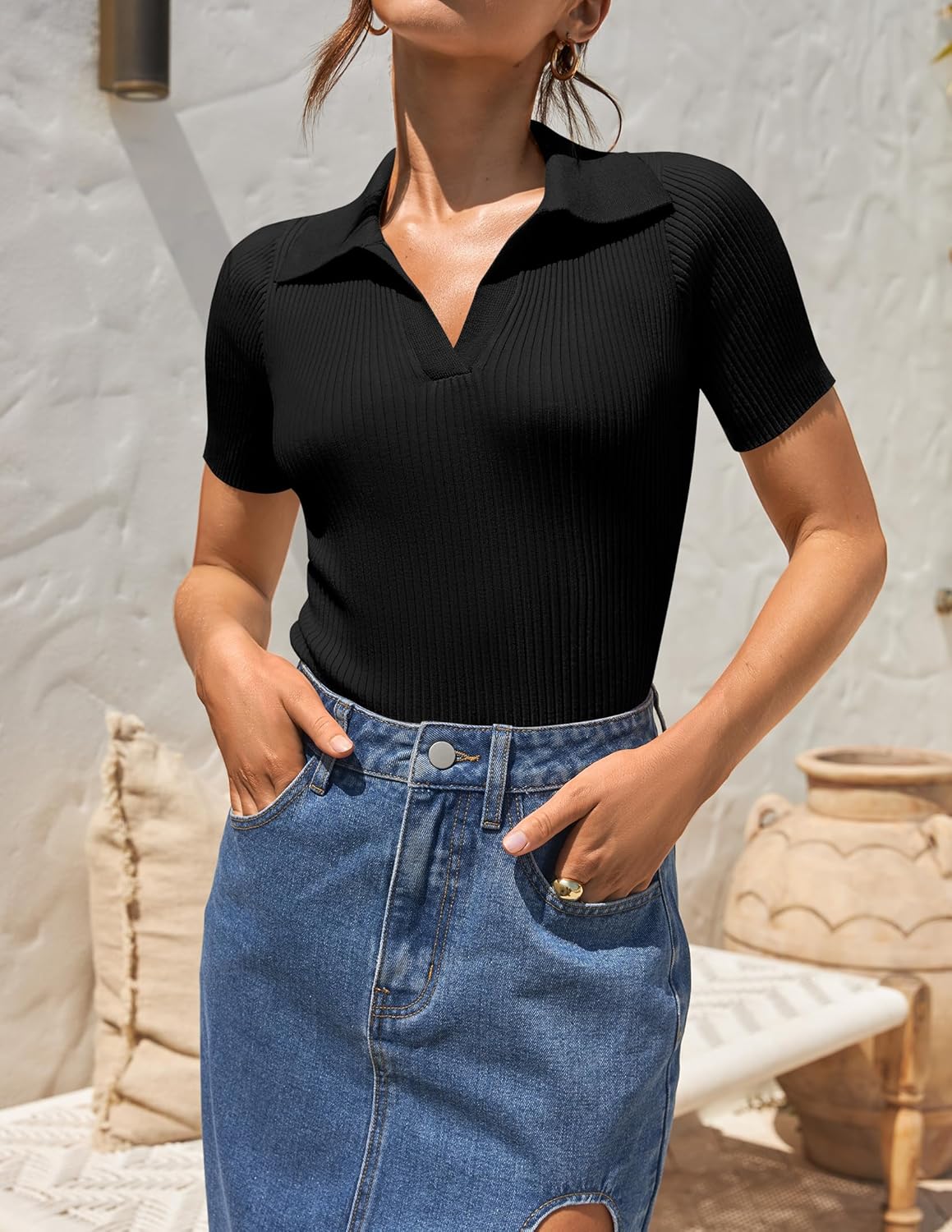 Women's Short Sleeve V Neck T Shirts 2025 Summer Ribbed Knit Slim Fitted Basic Solid Color Tee Tops - Image 2