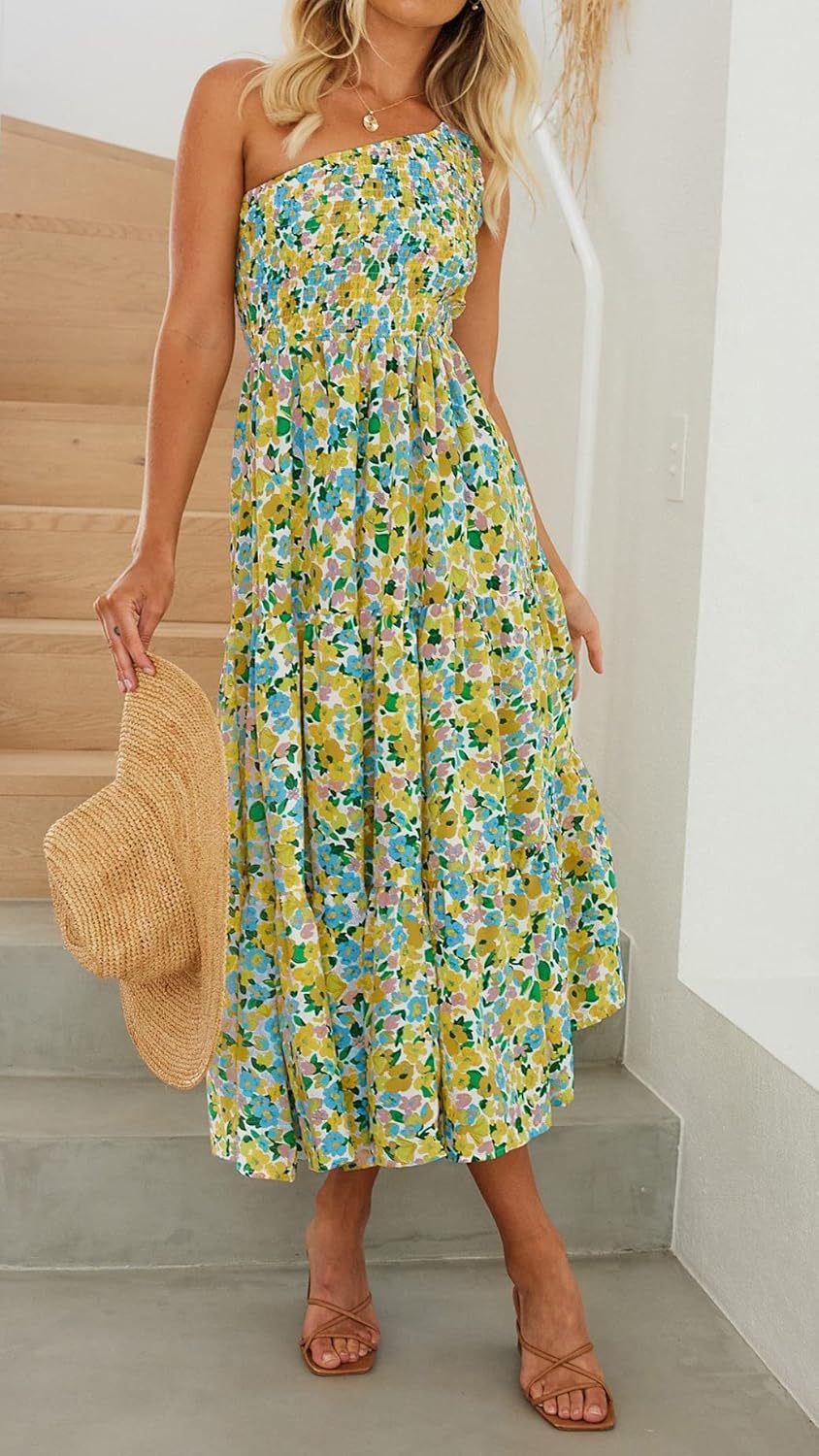 Women's 2024 Bohemian Summer Floral Print One Shoulder Sleeveless Smocked Ruffle Tiered Beach Long Midi Dress - Image 2