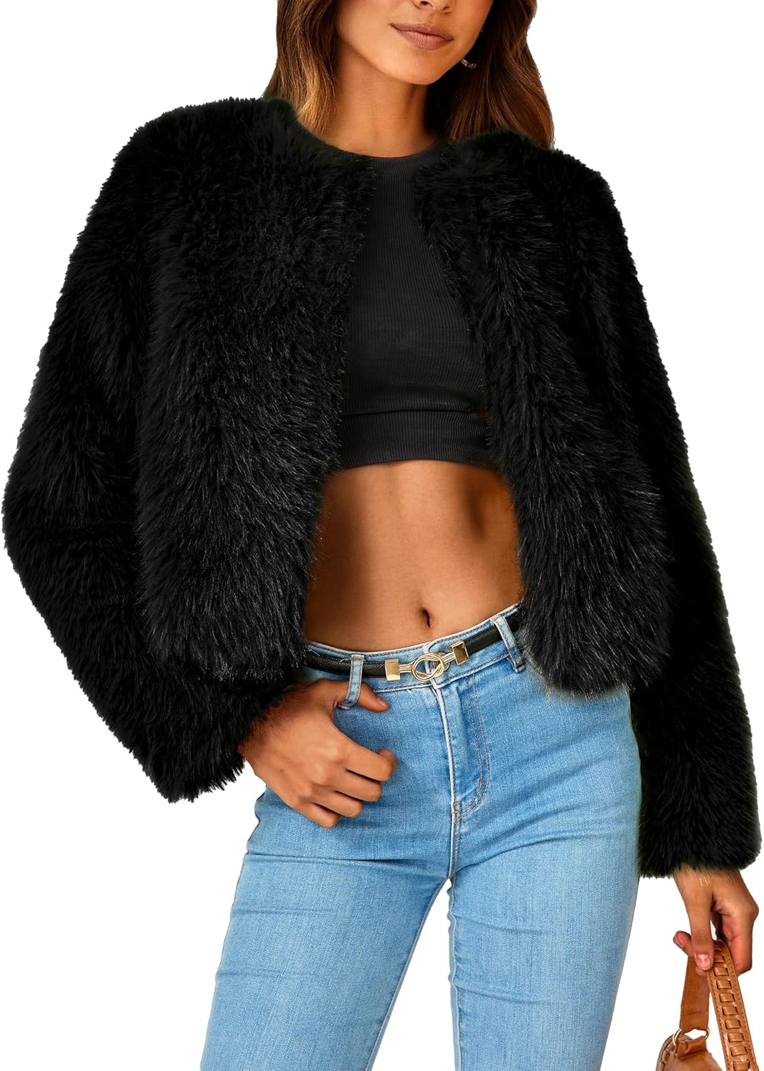Women 2024 Winter Coats Fleece Cropped Jacket Faux Fur Long Sleeve Pockets Shaggy Warm Outerwear Fall Clothes